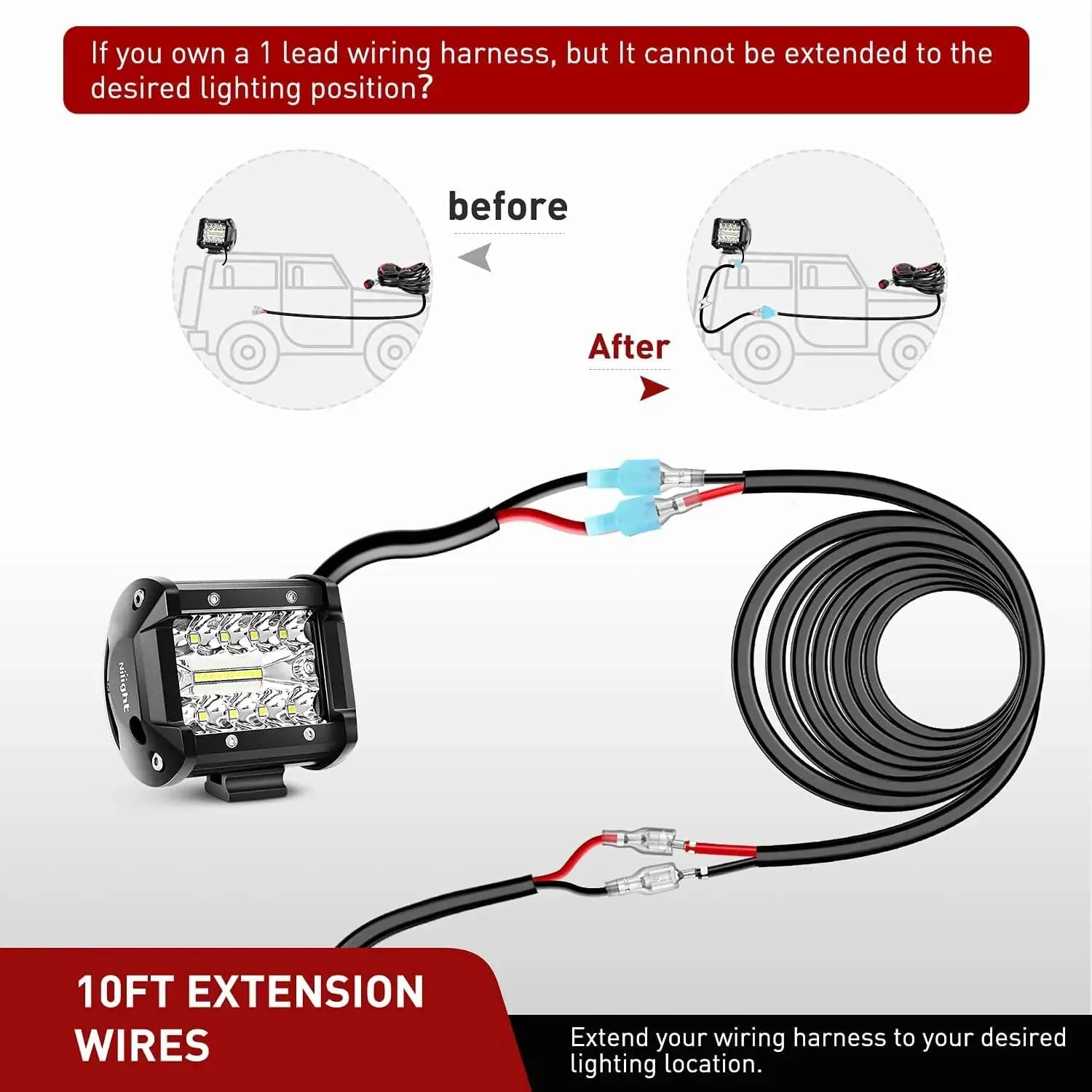 14AWG 10FT Wire Extension Kit LED Light Bar/Led Pods/LED Work Light