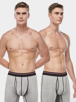 2 Pack Men's Long High Waist Cotton Sports Anti-friction Leg Boxer Briefs