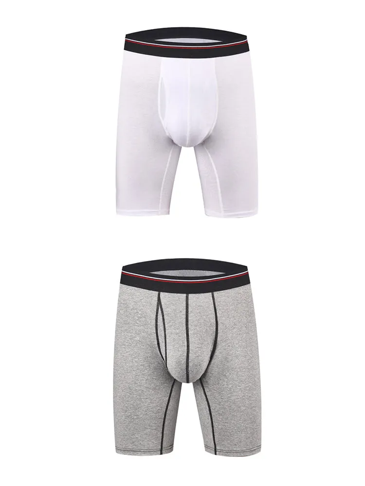 2 Pack Men's Long High Waist Cotton Sports Anti-friction Leg Boxer Briefs