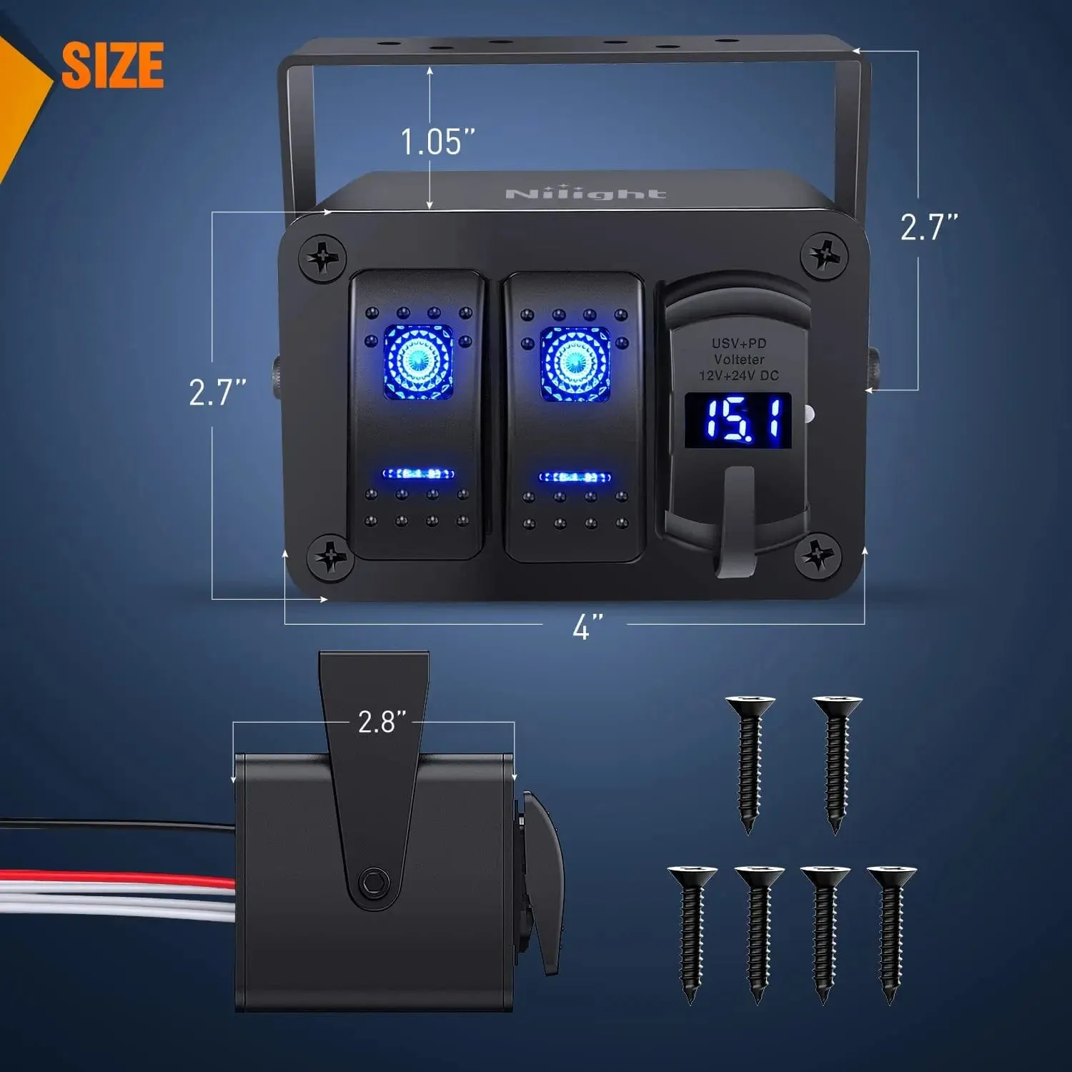 2Gang Blue Rocker Switch Box w/ PD Type C | QC 3.0 USB Charger Voltmeter