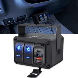 2Gang Blue Rocker Switch Box w/ PD Type C | QC 3.0 USB Charger Voltmeter