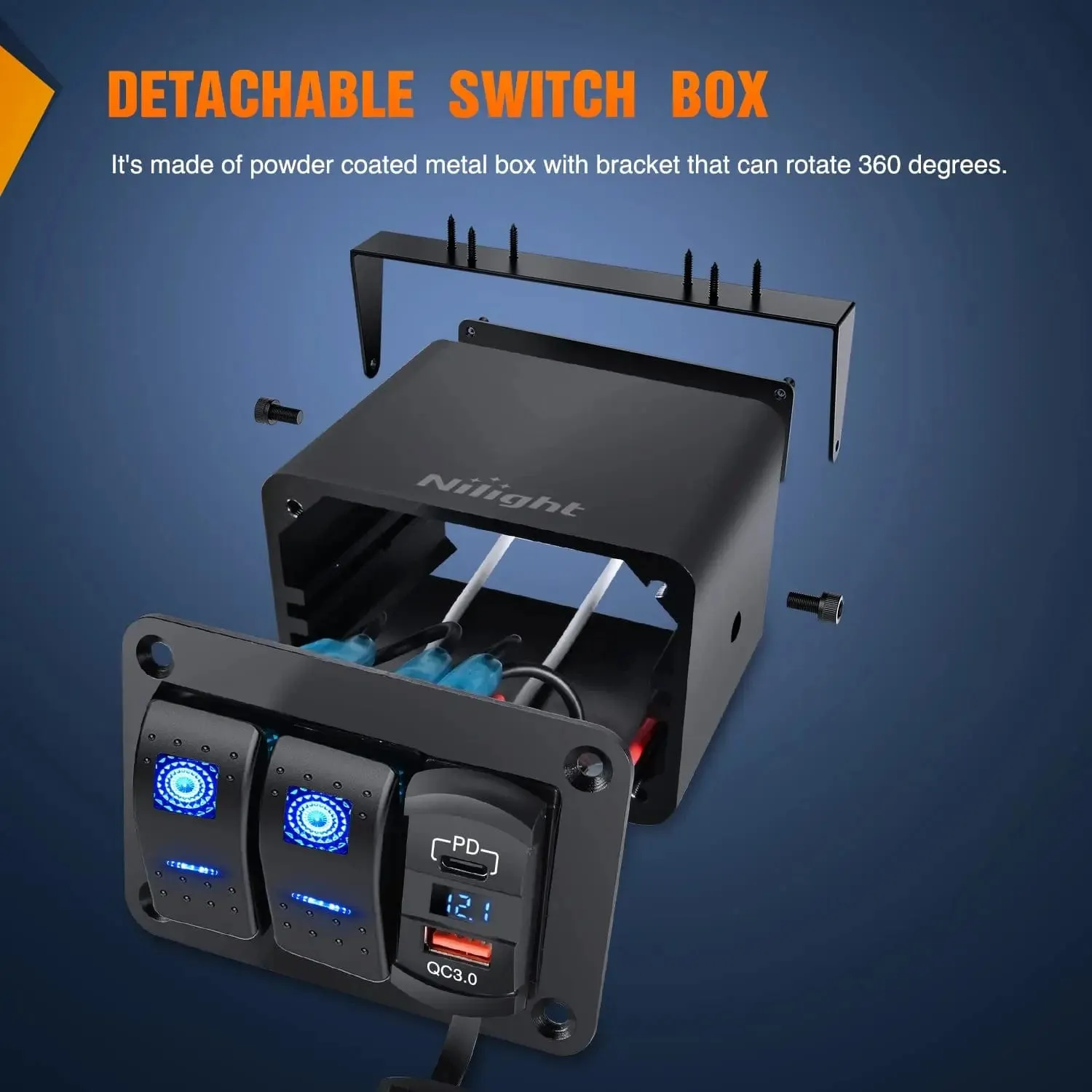 2Gang Blue Rocker Switch Box w/ PD Type C | QC 3.0 USB Charger Voltmeter