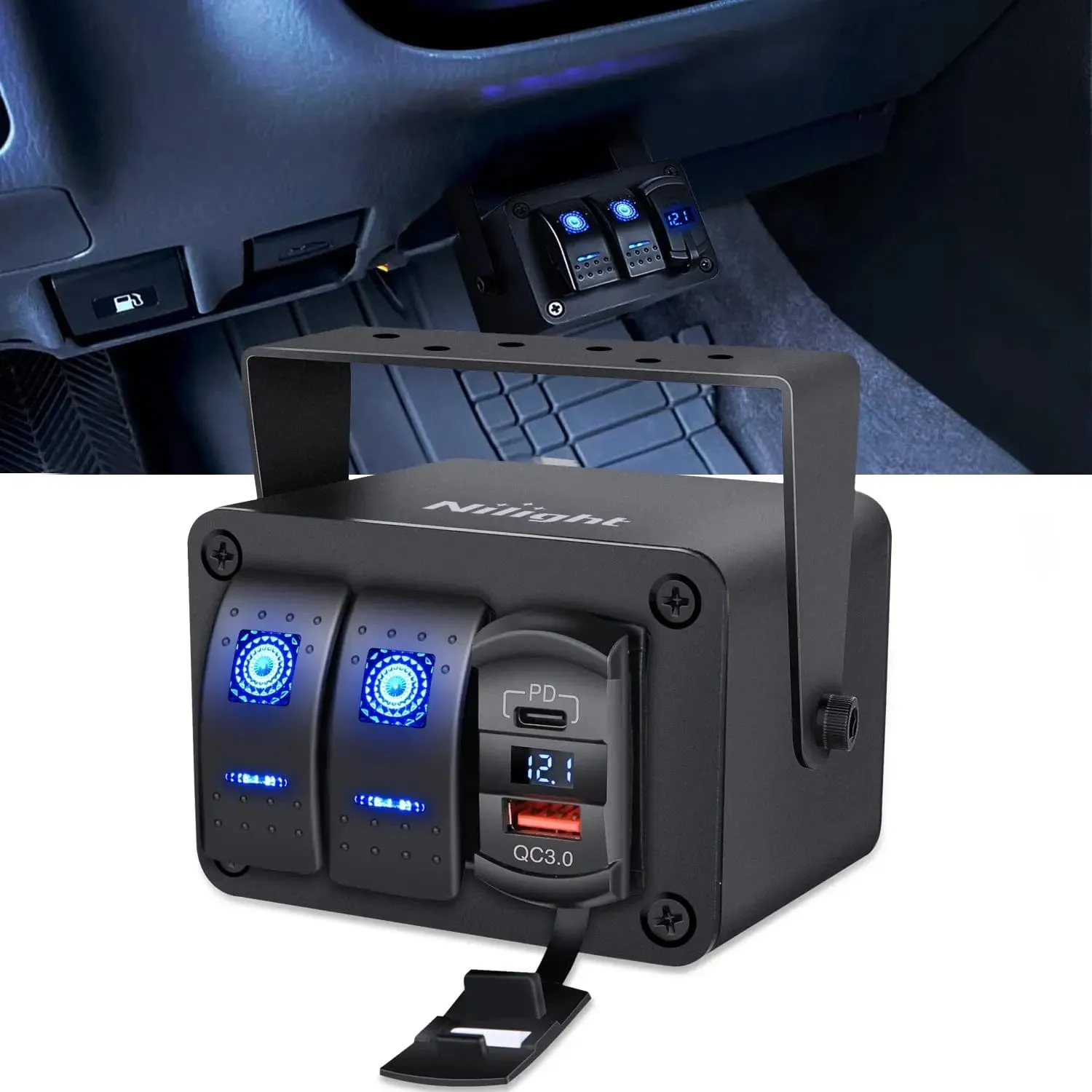 2Gang Blue Rocker Switch Box w/ PD Type C | QC 3.0 USB Charger Voltmeter