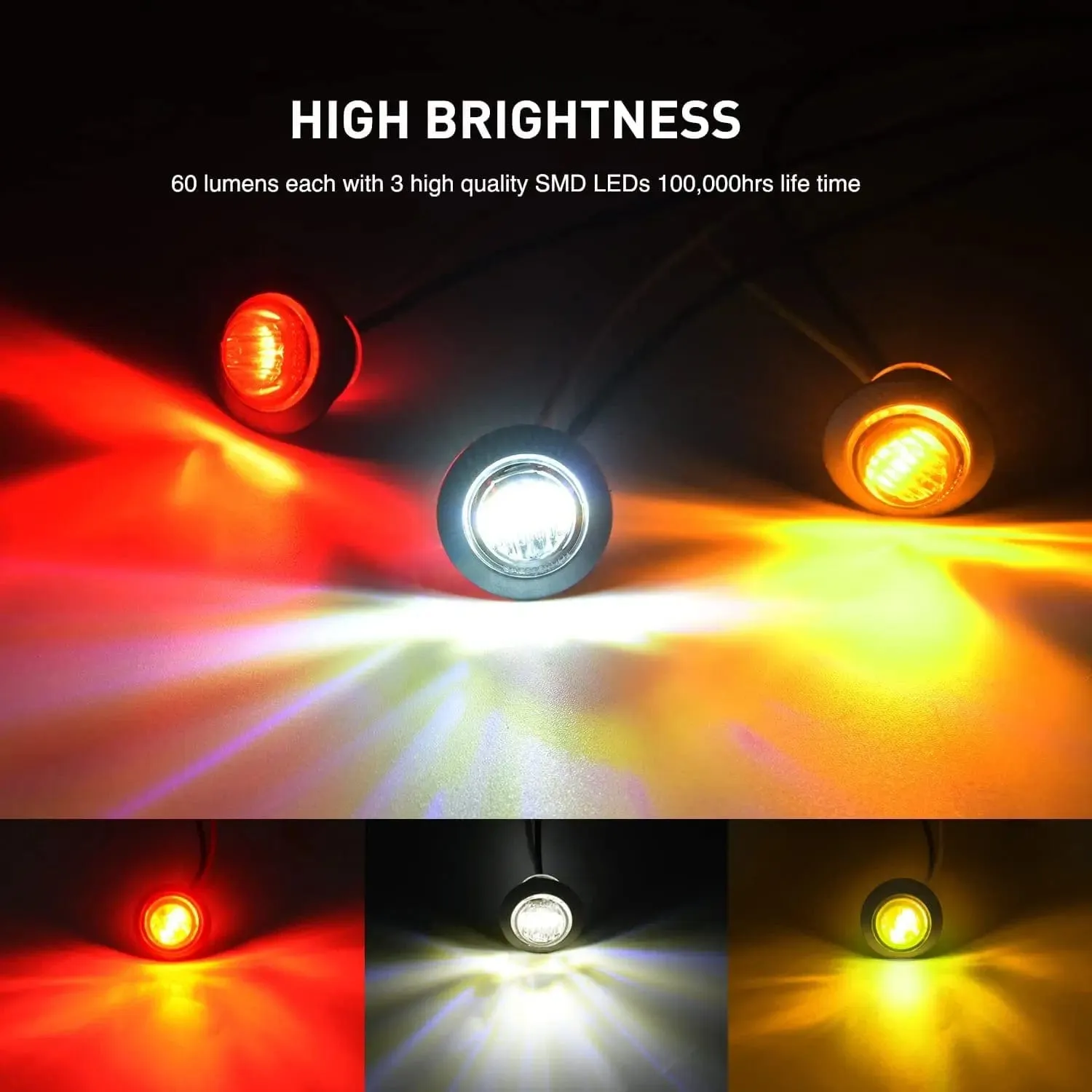 3/4 inch White Amber Red Round LED Marker Lights (30 Pcs)