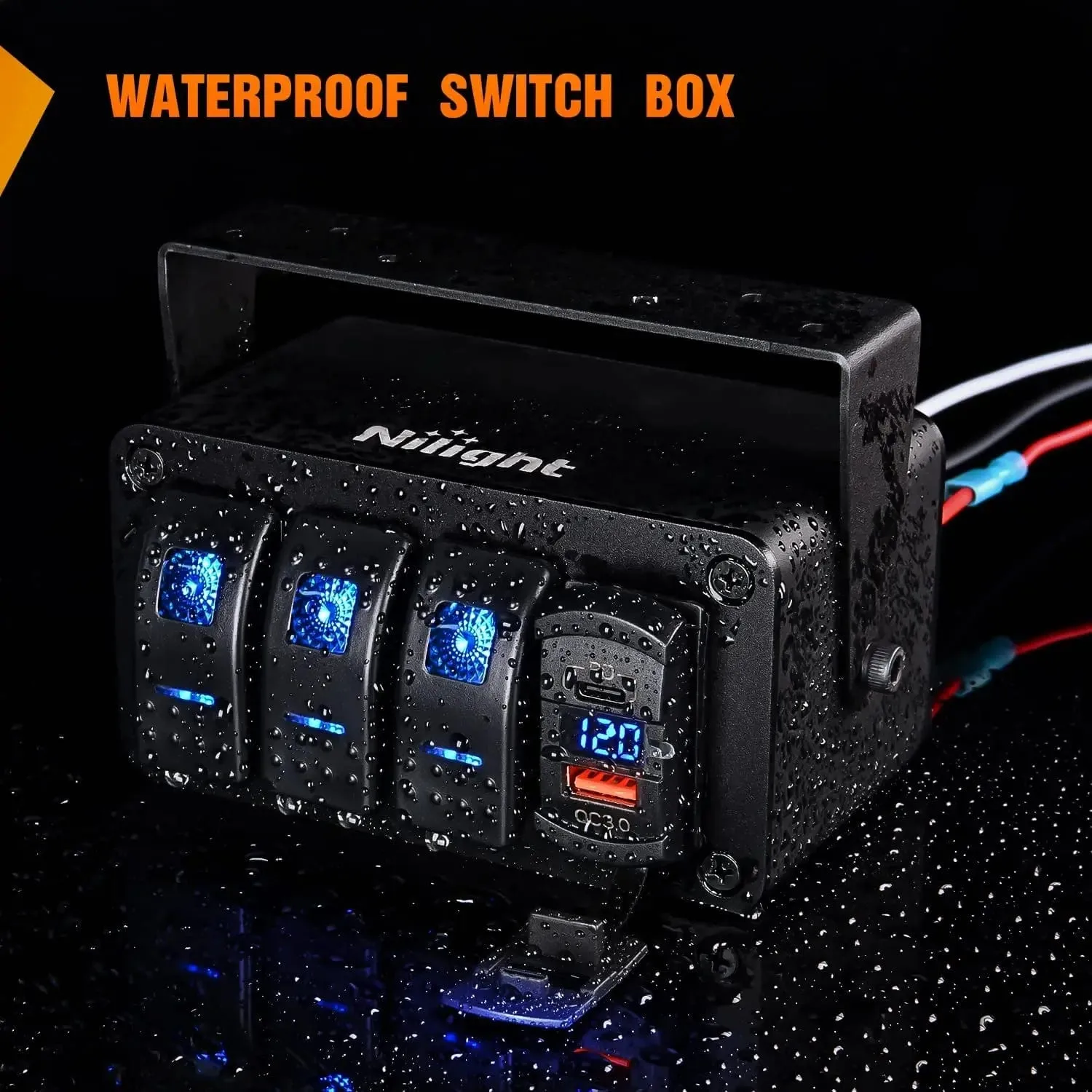 3Gang Blue Rocker Switch Box w/ PD Type C | QC 3.0 USB Charger Voltmeter