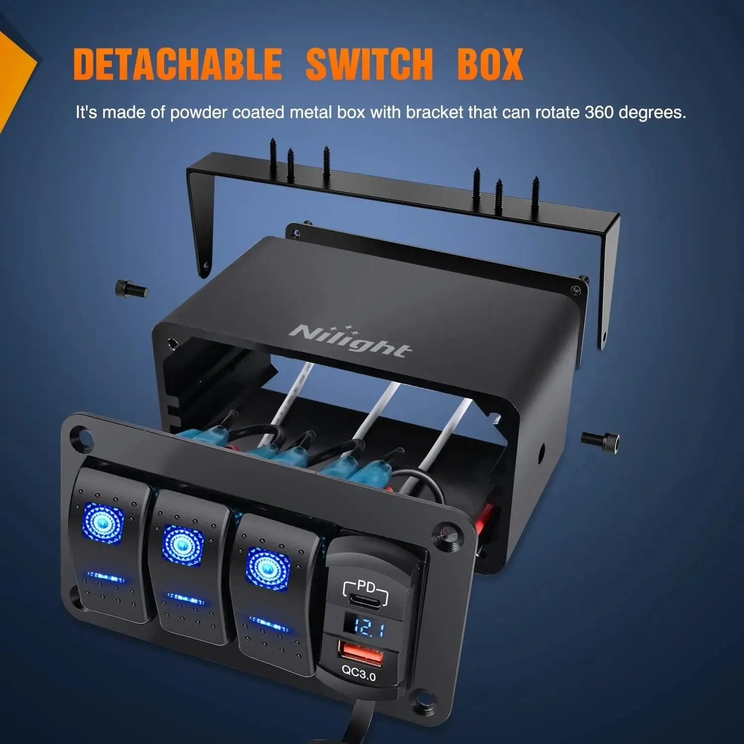 3Gang Blue Rocker Switch Box w/ PD Type C | QC 3.0 USB Charger Voltmeter
