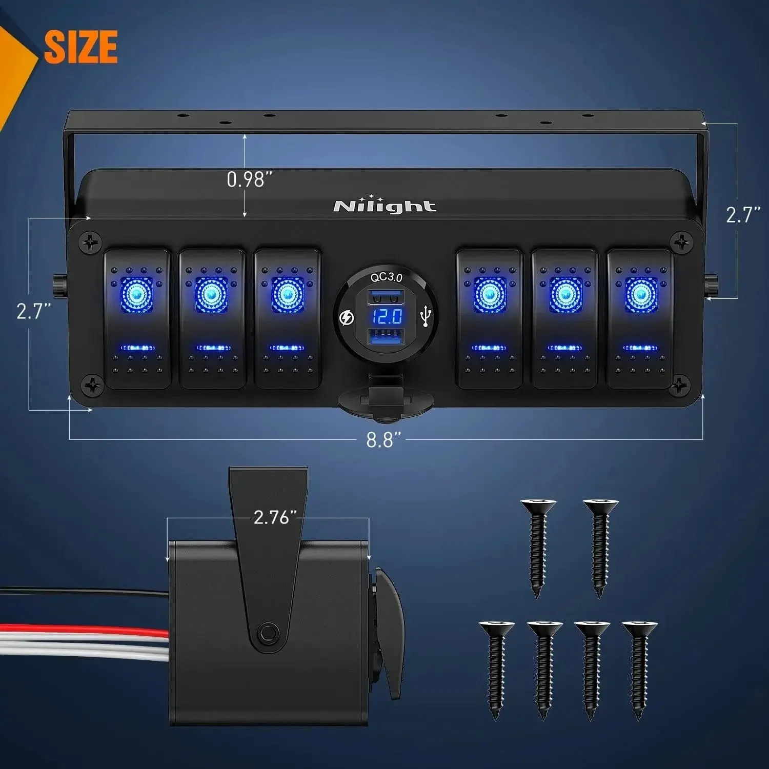 6Gang Aluminum ON/Off Rocker Switch Box w/ QC 3.0 Dual USB Charger Voltmeter