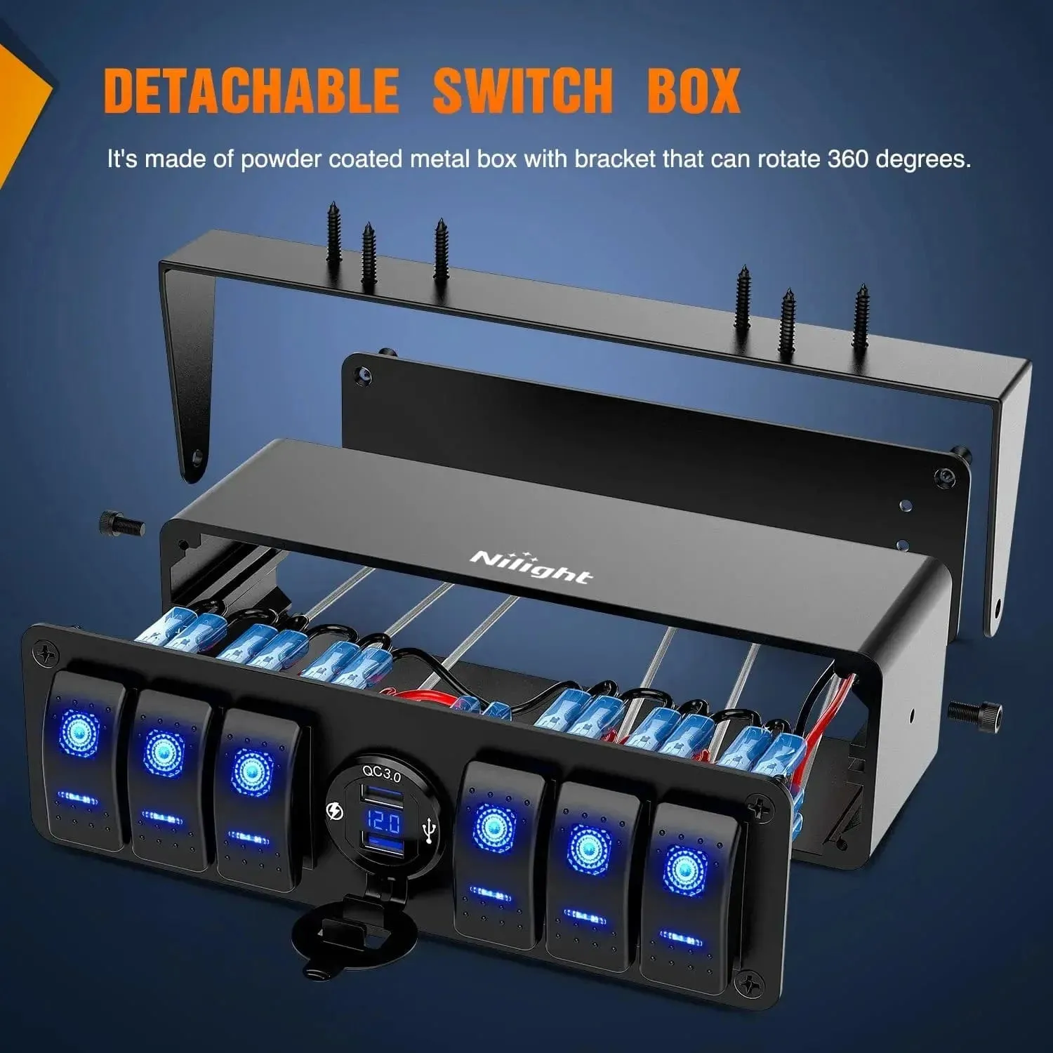 6Gang Aluminum ON/Off Rocker Switch Box w/ QC 3.0 Dual USB Charger Voltmeter