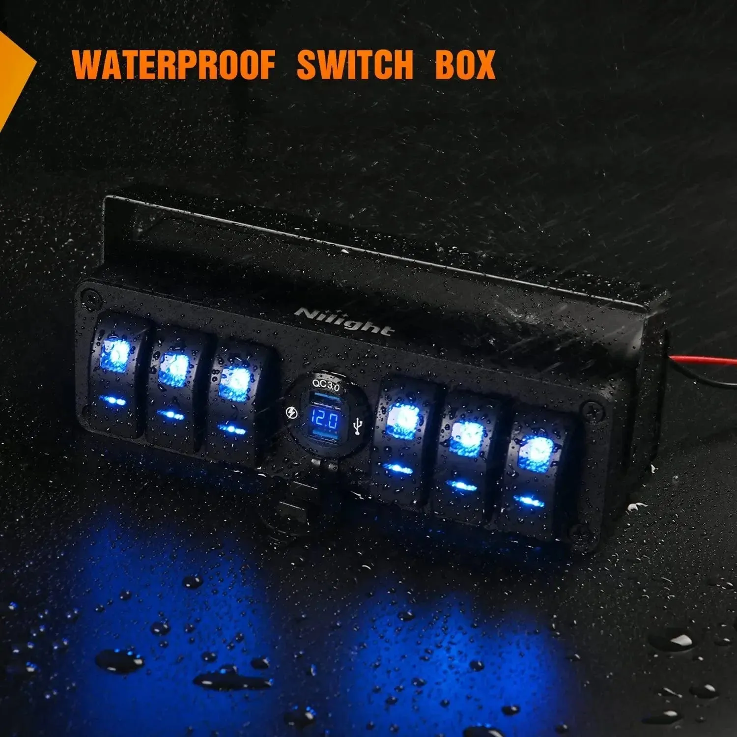 6Gang Aluminum ON/Off Rocker Switch Box w/ QC 3.0 Dual USB Charger Voltmeter