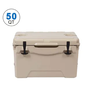 E-Macht Rotomolded Cooler, 50QT Tan Cooler with Built-in Cup Holder, Bottle Openers, and Fish Ruler