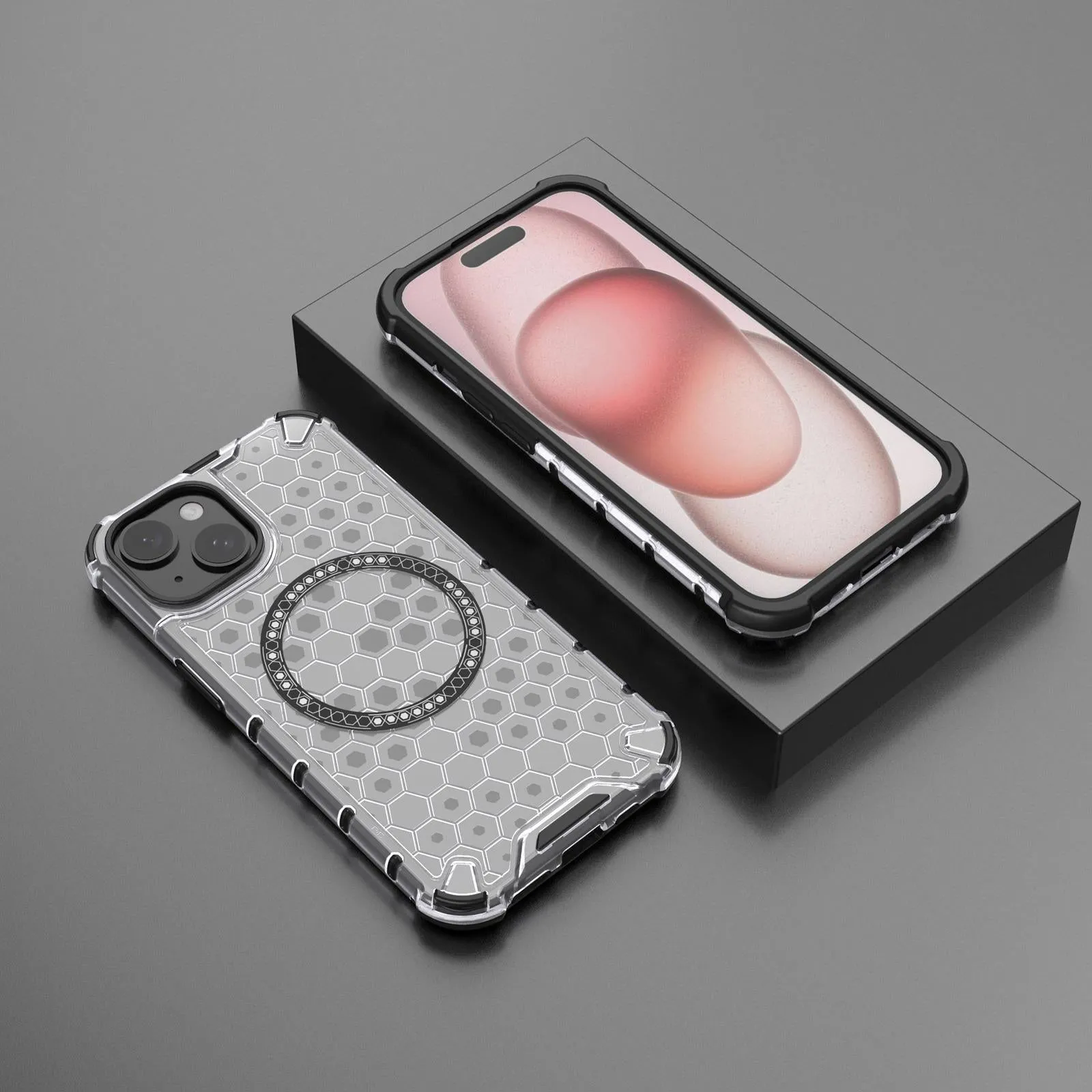 For Iphone 15 Honeycomb Magnetic Ring Shockproof Phone Case