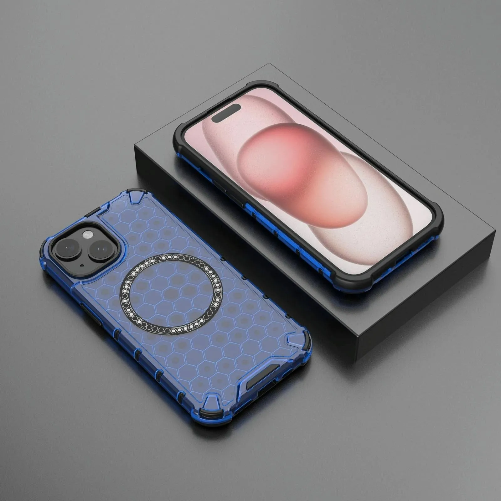 For Iphone 15 Honeycomb Magnetic Ring Shockproof Phone Case
