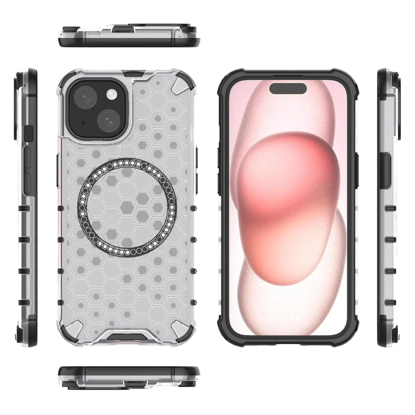 For Iphone 15 Honeycomb Magnetic Ring Shockproof Phone Case