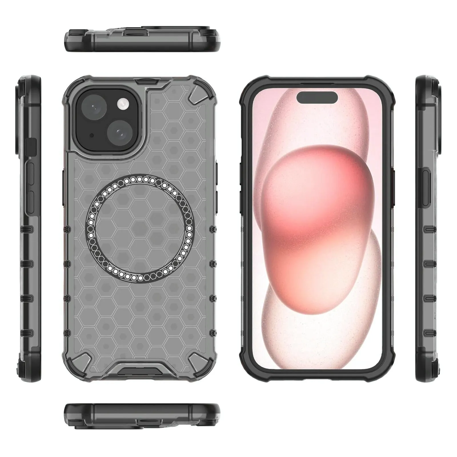 For Iphone 15 Honeycomb Magnetic Ring Shockproof Phone Case