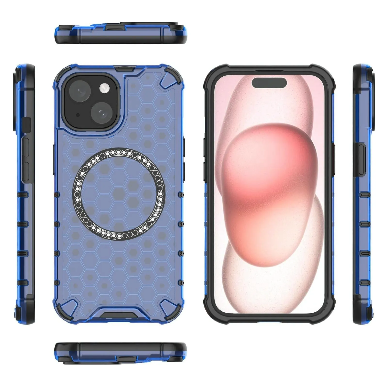 For Iphone 15 Honeycomb Magnetic Ring Shockproof Phone Case
