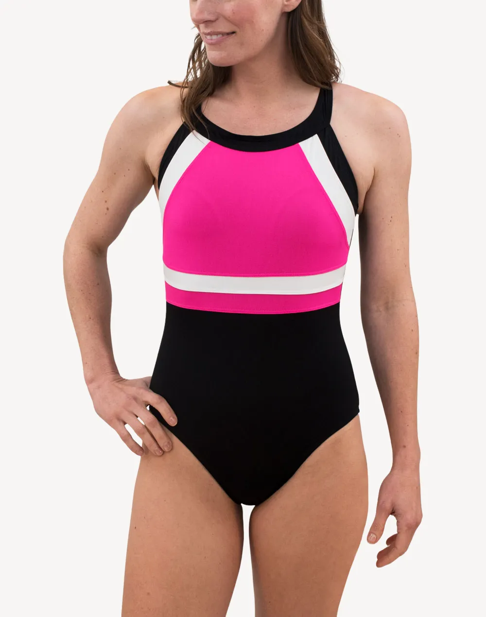 High Neck Colourblock Poly Tank One Piece Swimsuit