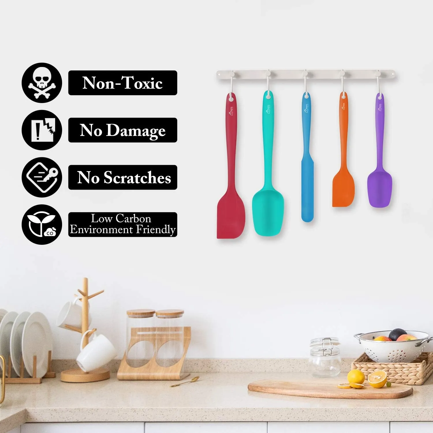 HOTEC Heat Resistant 600 Food Grade Silicone Rubber Spatula Set for Baking, Cooking, and Mixing Non Stick Dishwasher Safe BPA-Free Multicolor Set of 5
