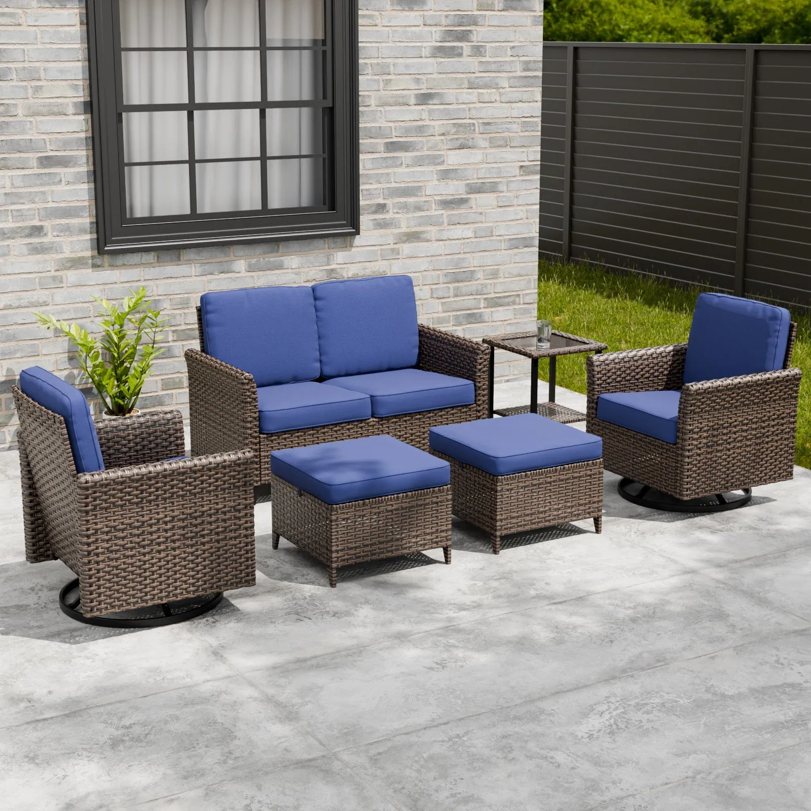 Ocean Vista Wicker Outdoor Patio Furniture Set w/Swivel Rocking Chairs , 6 Piece