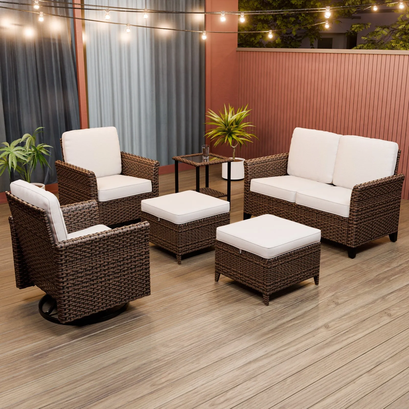 Ocean Vista Wicker Outdoor Patio Furniture Set w/Swivel Rocking Chairs , 6 Piece