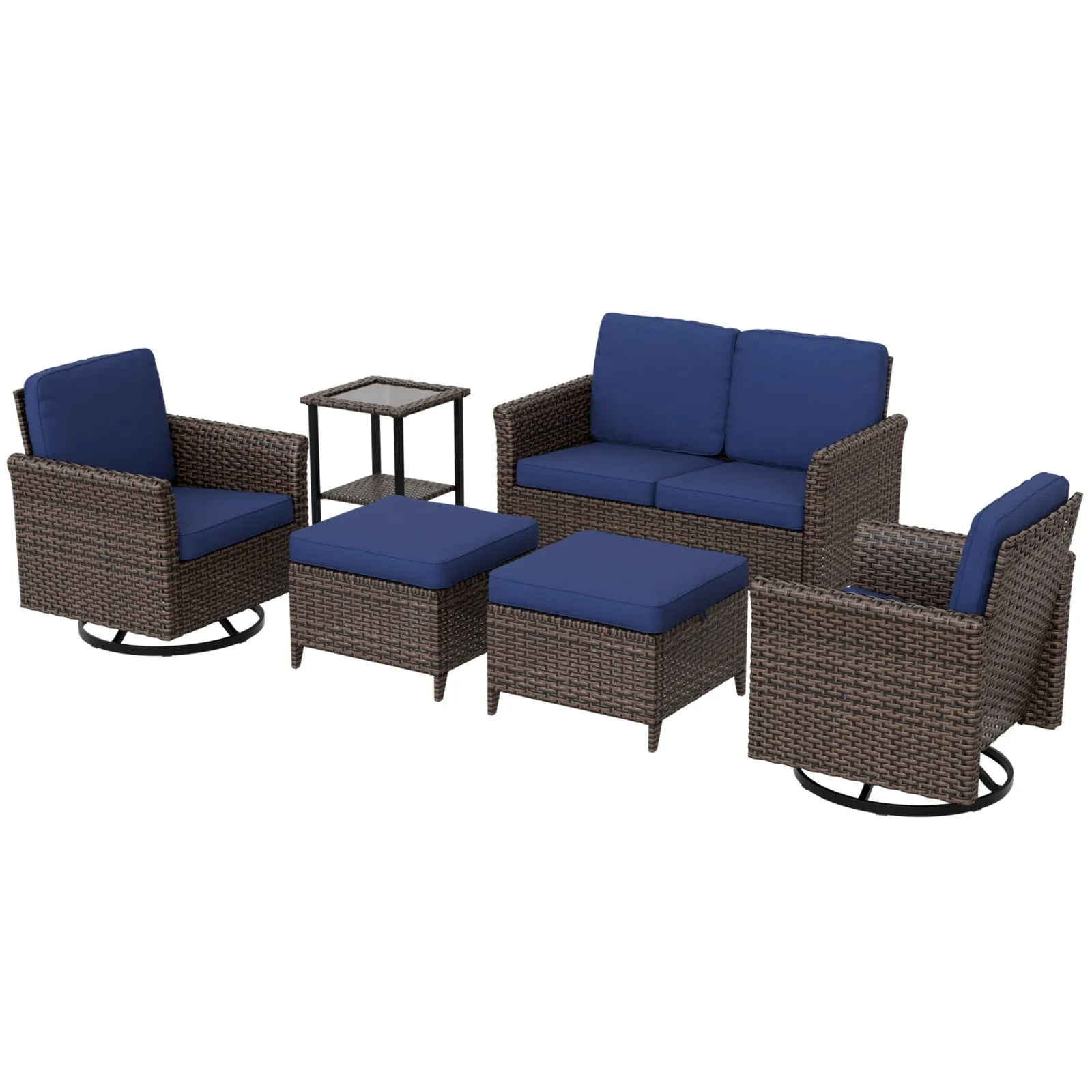 Ocean Vista Wicker Outdoor Patio Furniture Set w/Swivel Rocking Chairs , 6 Piece