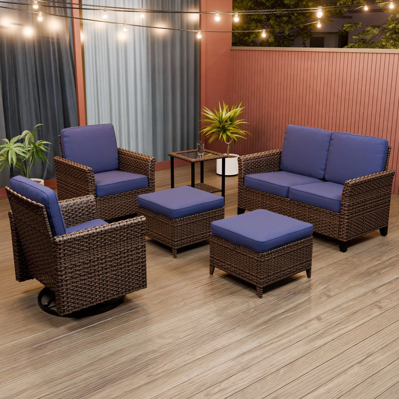 Ocean Vista Wicker Outdoor Patio Furniture Set w/Swivel Rocking Chairs , 6 Piece