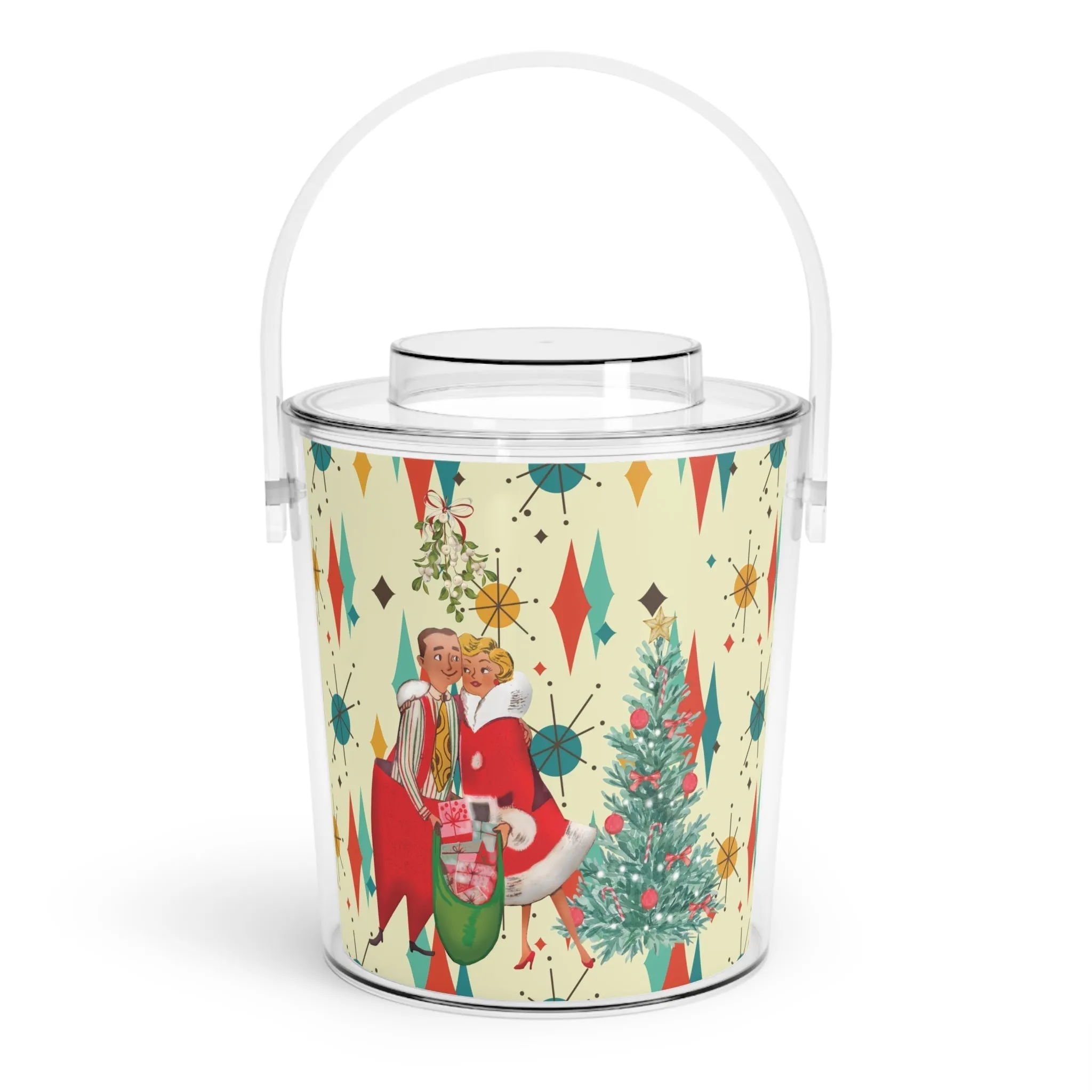Retro 50s Kitsch Christmas Card Art Holiday Bundle, Franciscan Diamond Starburst Ice Bucket, Platter, and Pint Glass Set