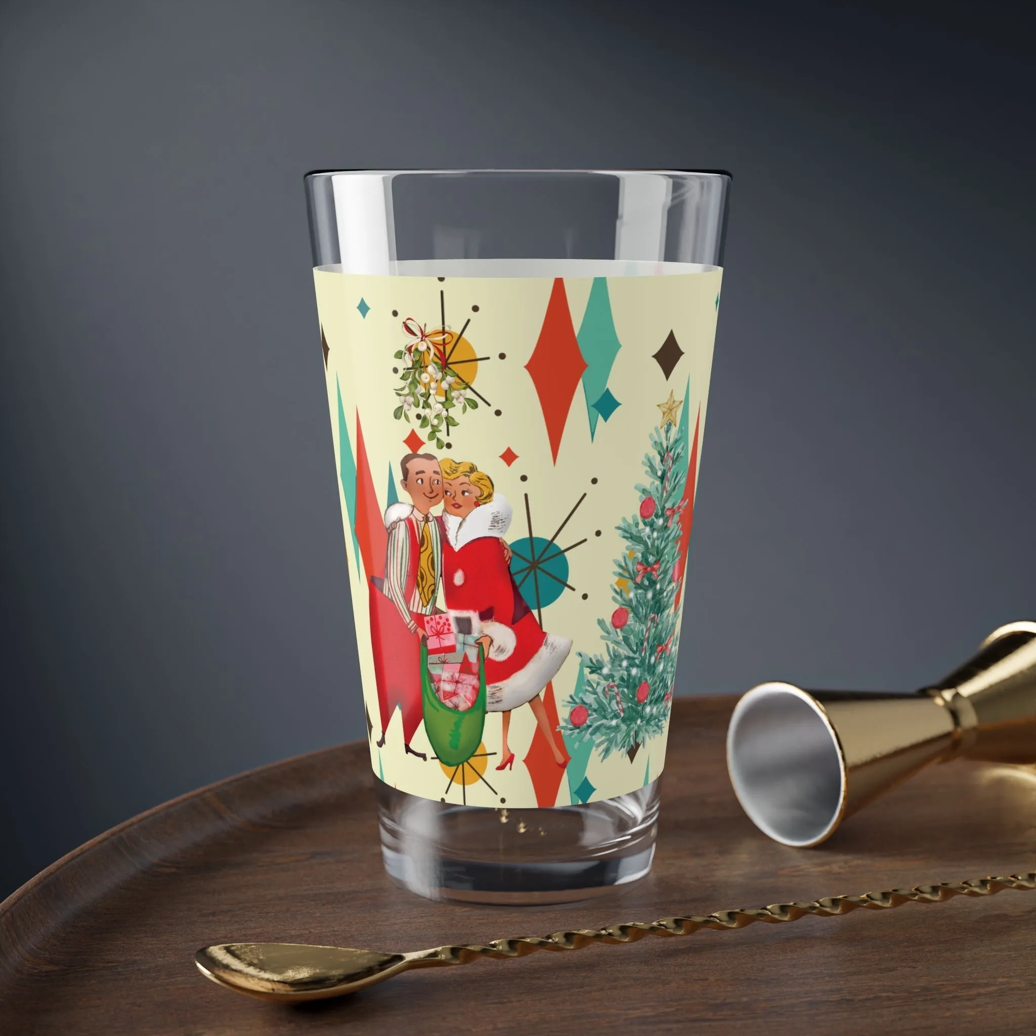 Retro 50s Kitsch Christmas Card Art Holiday Bundle, Franciscan Diamond Starburst Ice Bucket, Platter, and Pint Glass Set