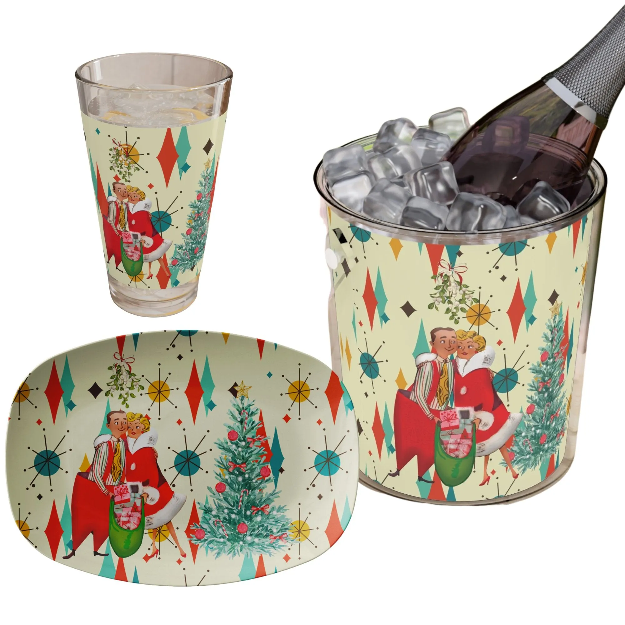 Retro 50s Kitsch Christmas Card Art Holiday Bundle, Franciscan Diamond Starburst Ice Bucket, Platter, and Pint Glass Set