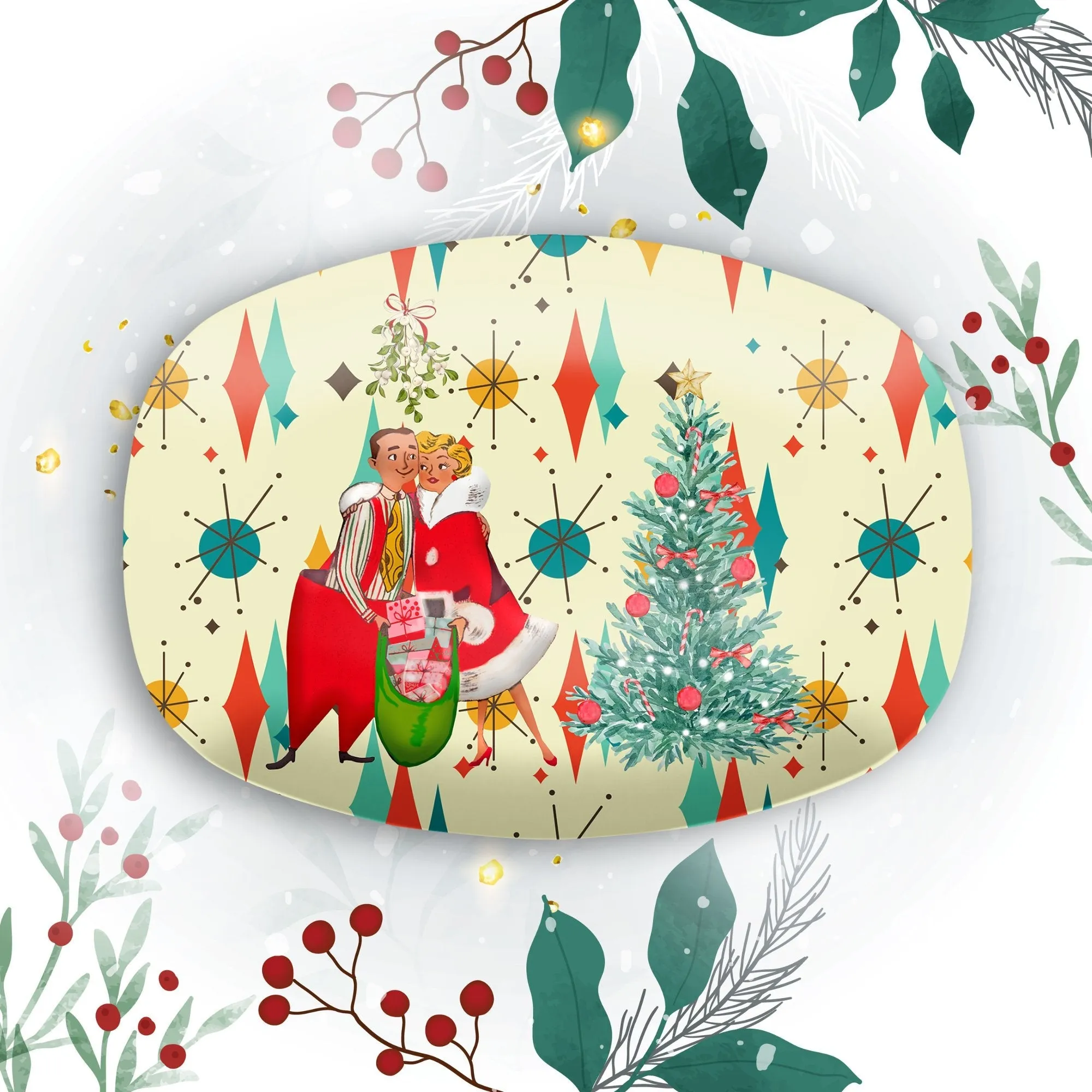 Retro 50s Kitsch Christmas Card Art Holiday Bundle, Franciscan Diamond Starburst Ice Bucket, Platter, and Pint Glass Set