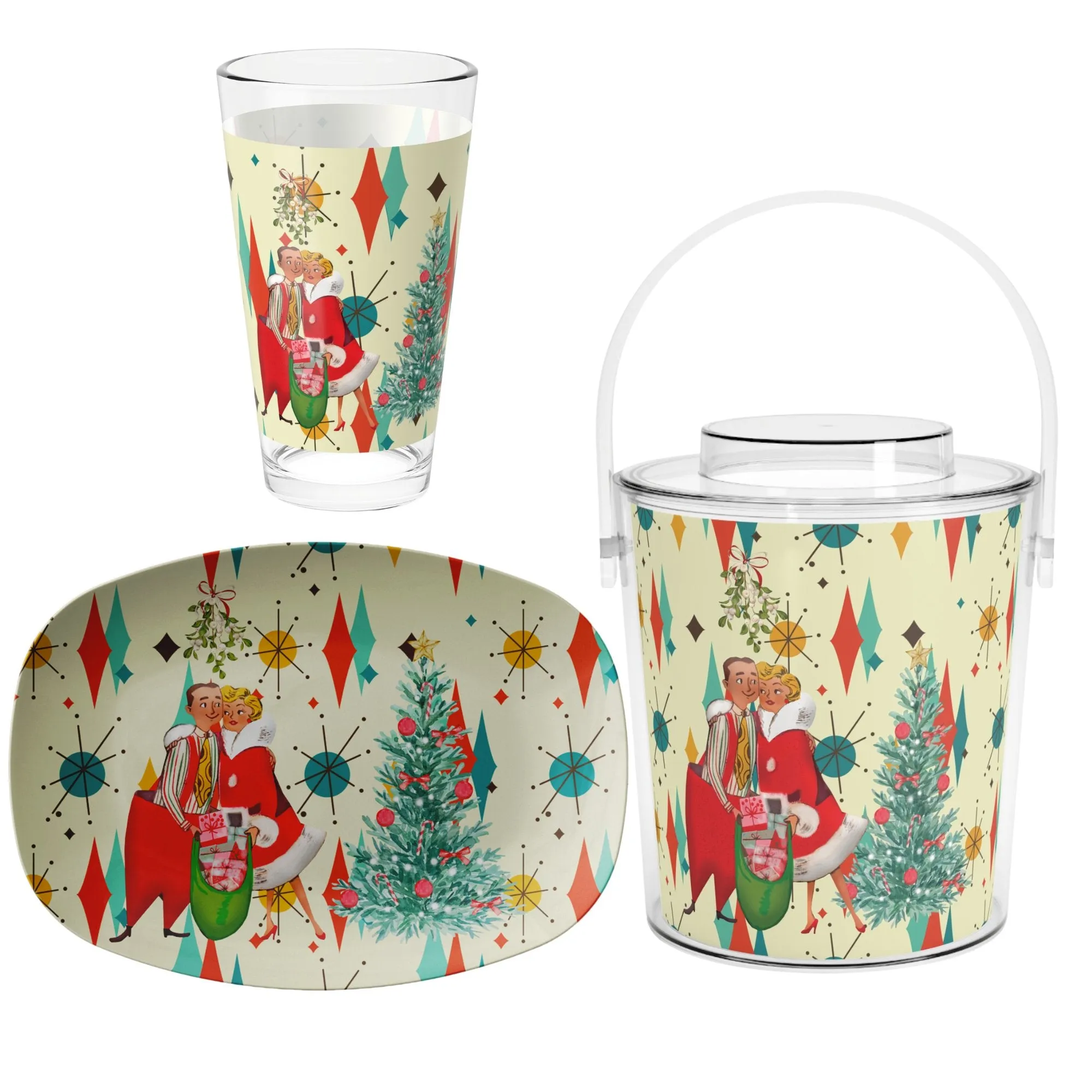 Retro 50s Kitsch Christmas Card Art Holiday Bundle, Franciscan Diamond Starburst Ice Bucket, Platter, and Pint Glass Set