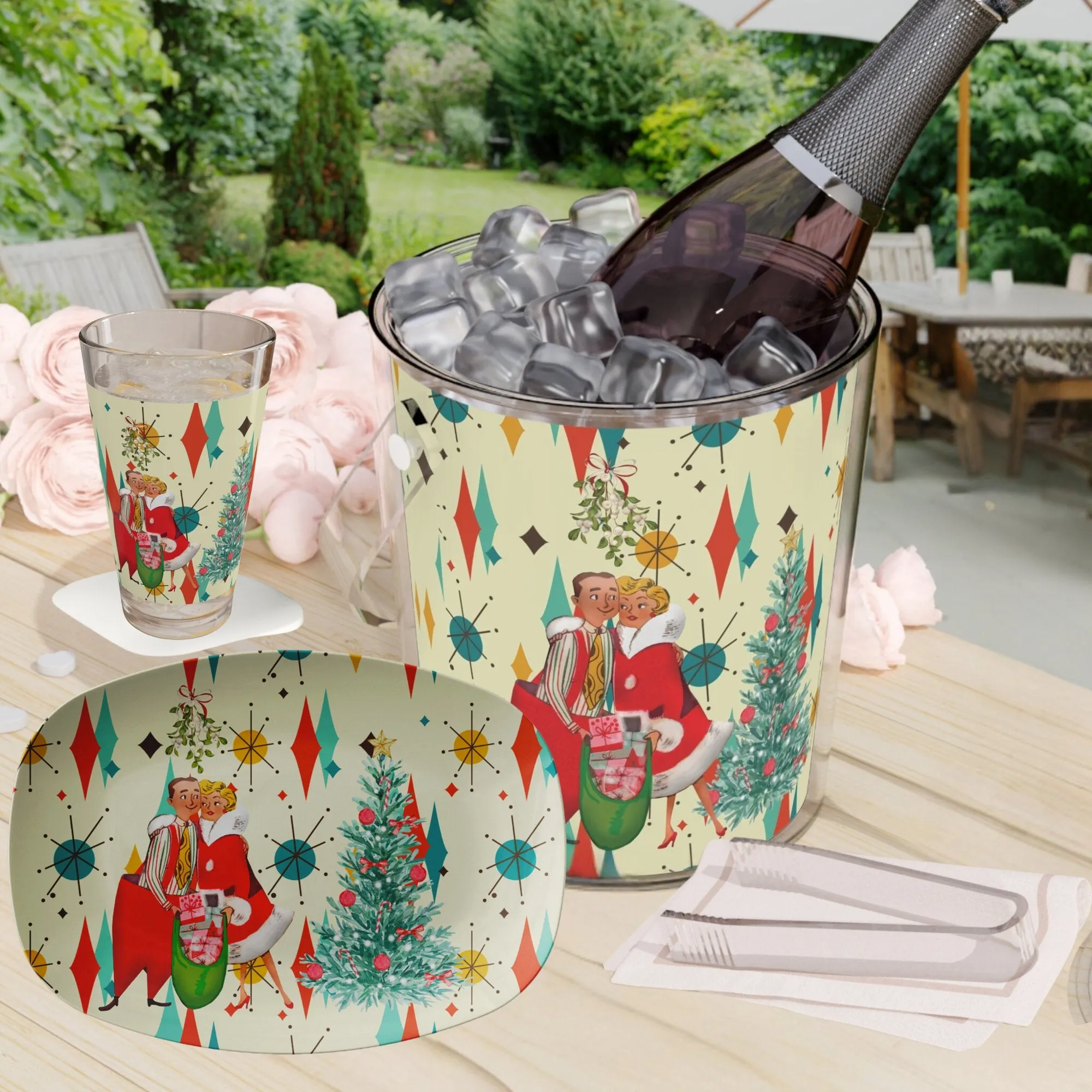 Retro 50s Kitsch Christmas Card Art Holiday Bundle, Franciscan Diamond Starburst Ice Bucket, Platter, and Pint Glass Set