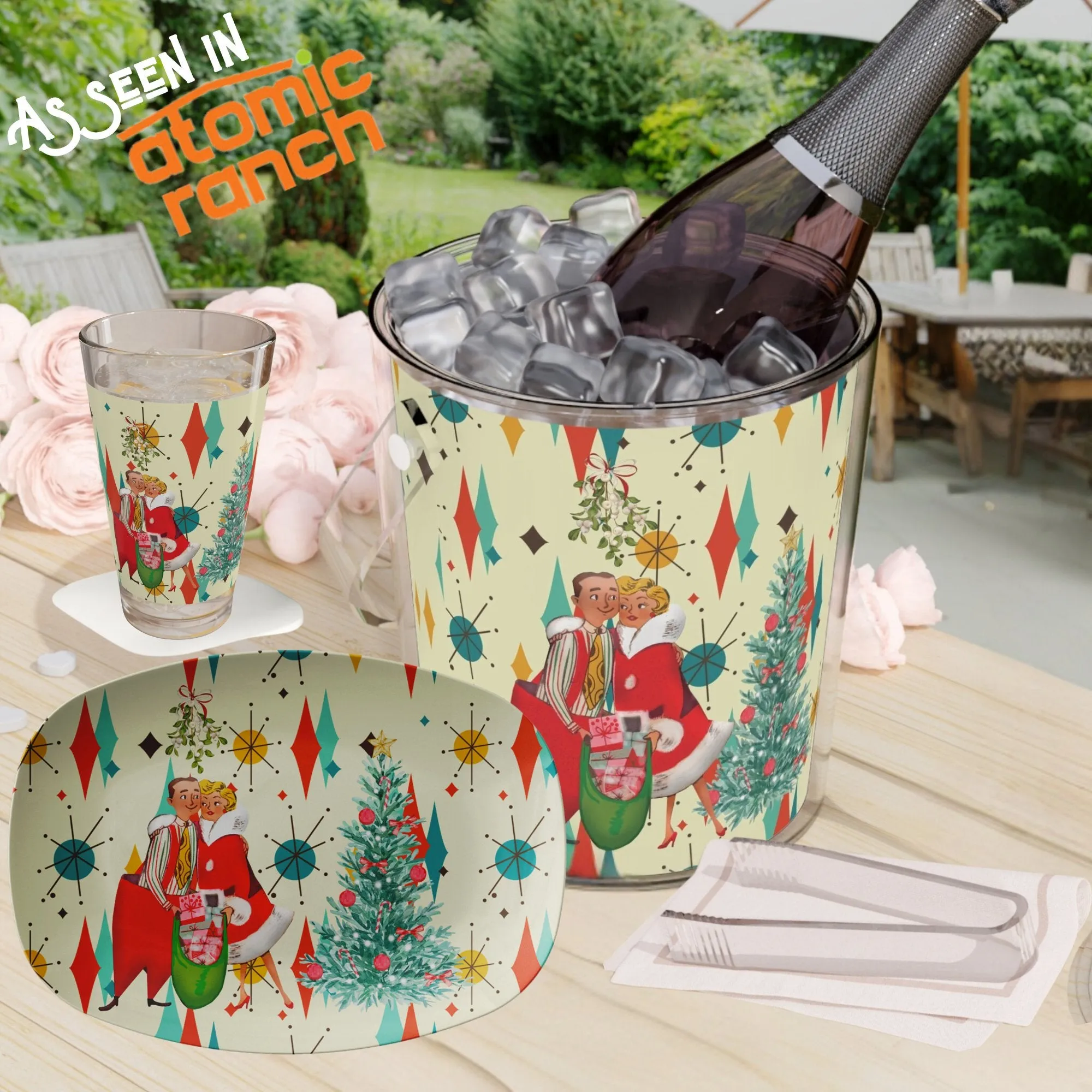 Retro 50s Kitsch Christmas Card Art Holiday Bundle, Franciscan Diamond Starburst Ice Bucket, Platter, and Pint Glass Set